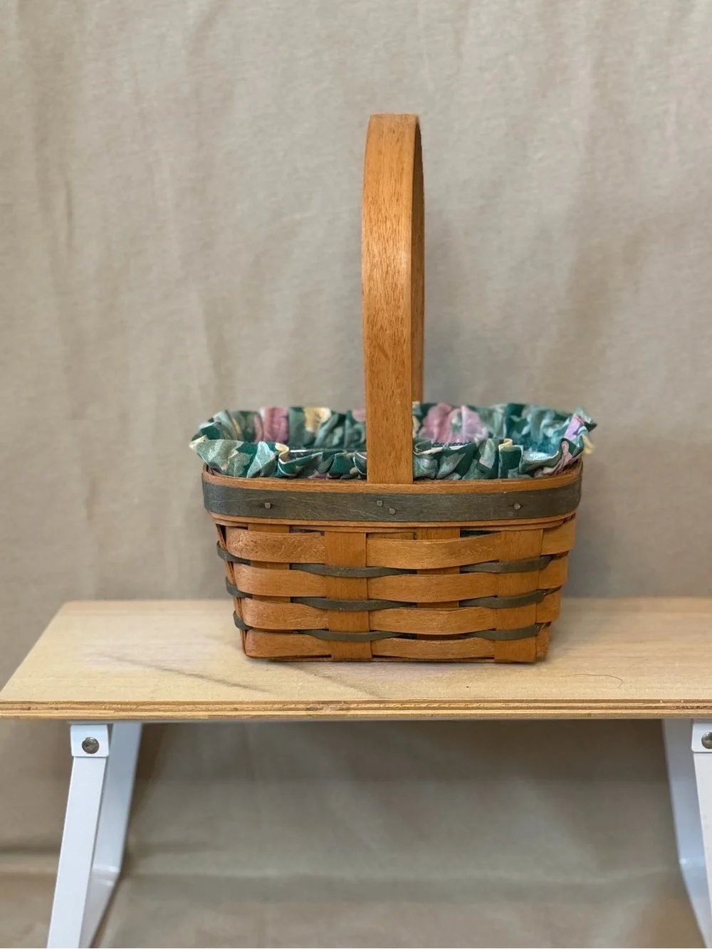 Longaberger Brown Wood Basket with Green Floral Liner